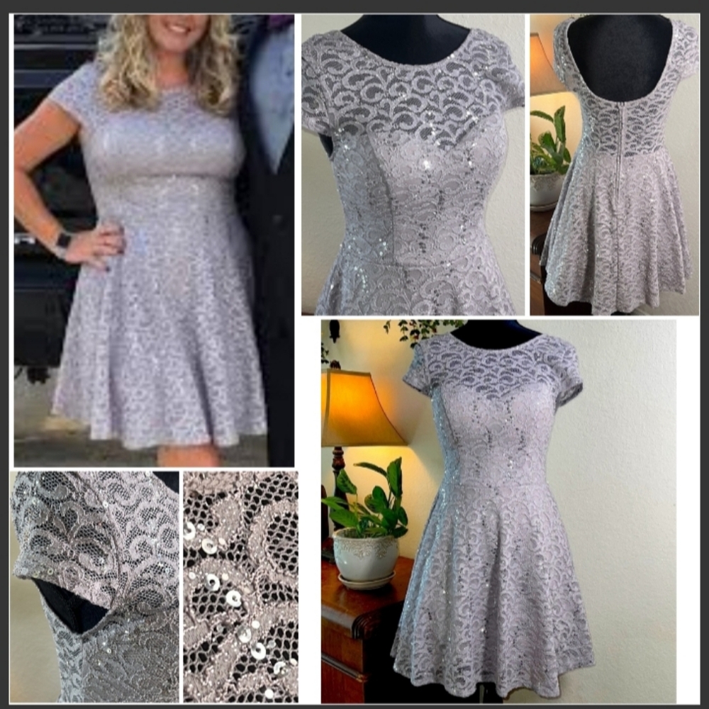B Darlin GRAY SILVER Sequin Bling Deep V back Party Mini Dress(Wmn XS/Jr Sz 3/4)